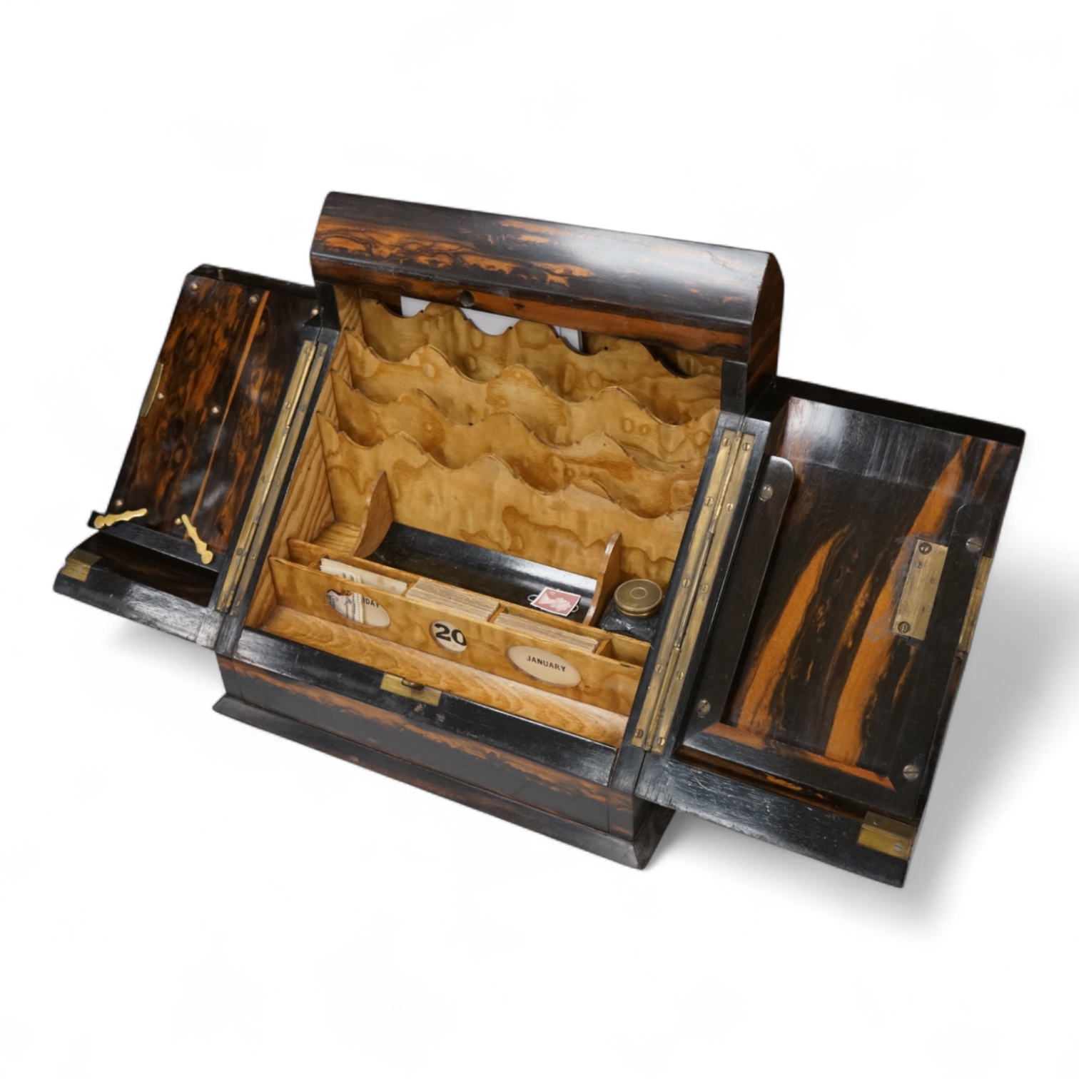 A coromandel desk top stationery box with letter rack and calendar, 29cm wide